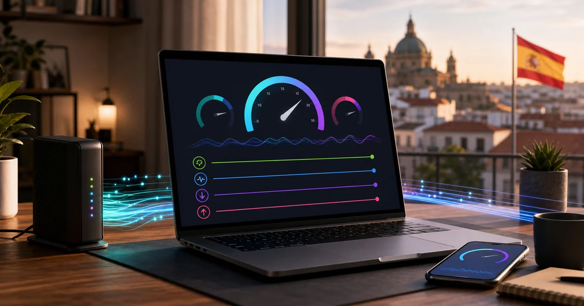 Prueba de velocidad VPN con ping, jitter, descarga y subida